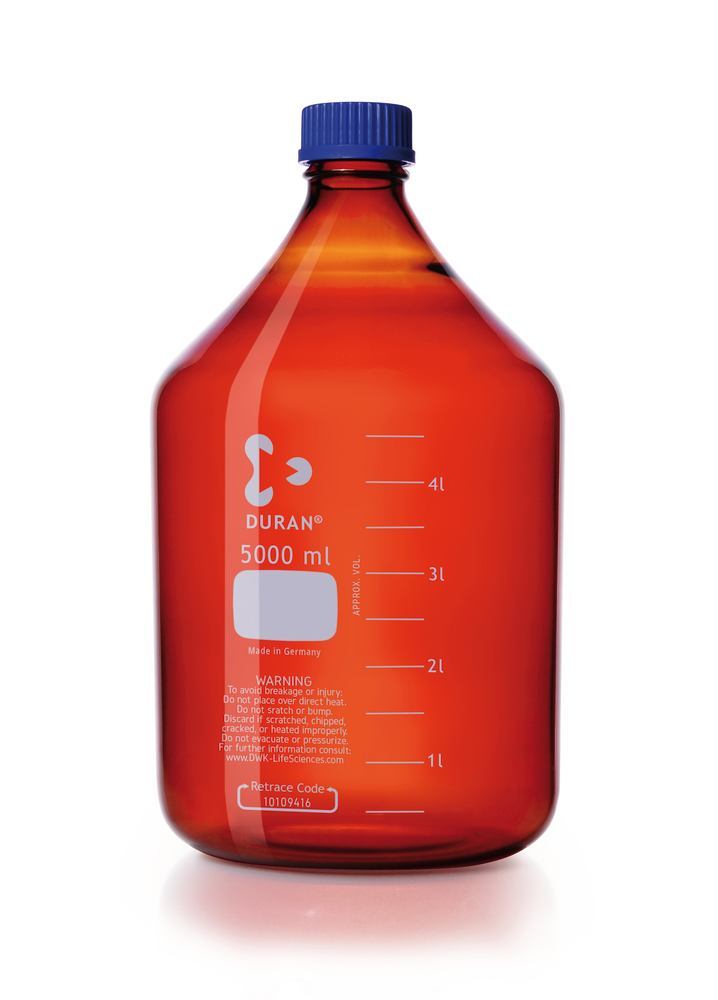 Screw neck bottle, DURAN®, amber, w. pouring spout ring and cap, PP,5000ml - Luminix Health