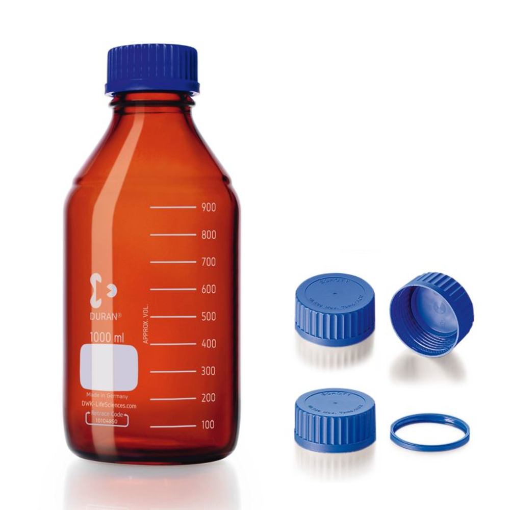 Screw neck bottle, DURAN®, amber, w. pouring spout ring and cap, PP,2000ml - Luminix Health