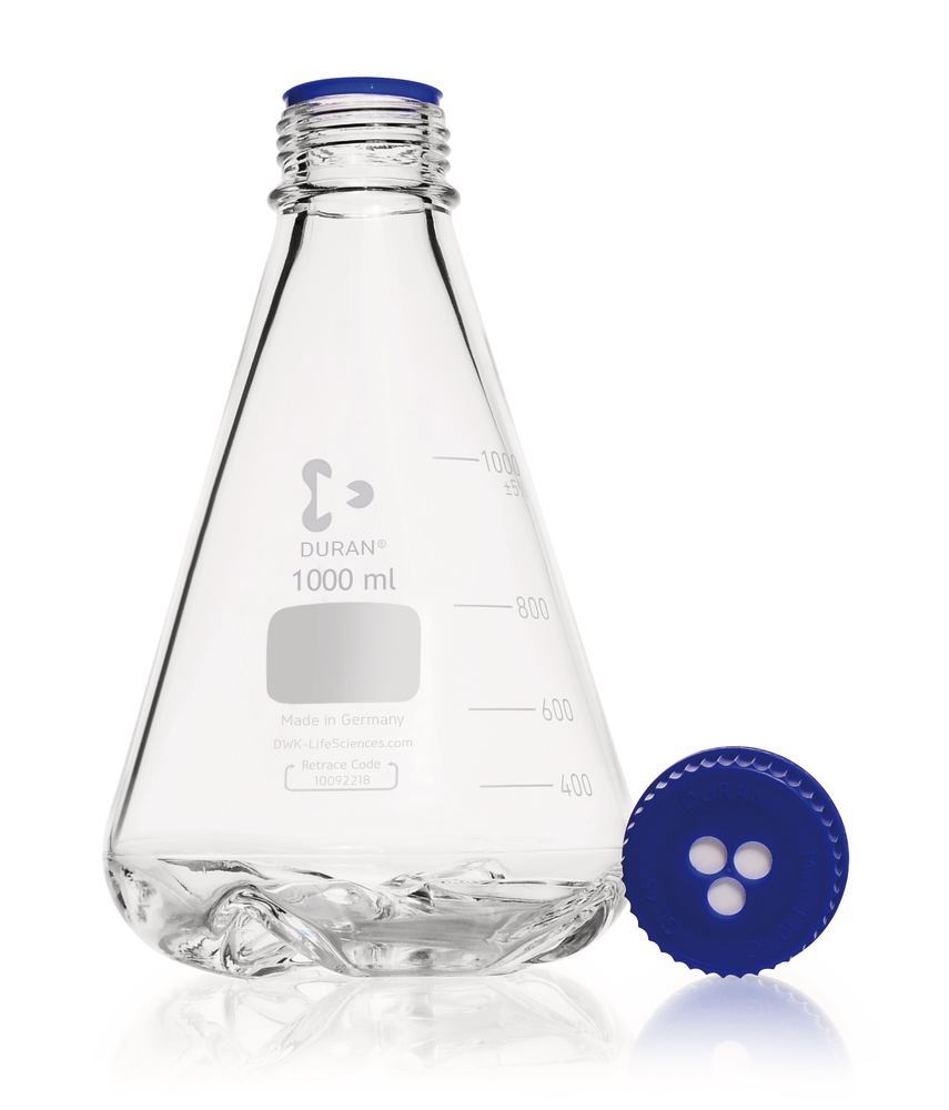 Erlenmeyer flask with 4 baffles, DURAN®, 1 l, GL45, with diaphragm screw caps - Luminix Health