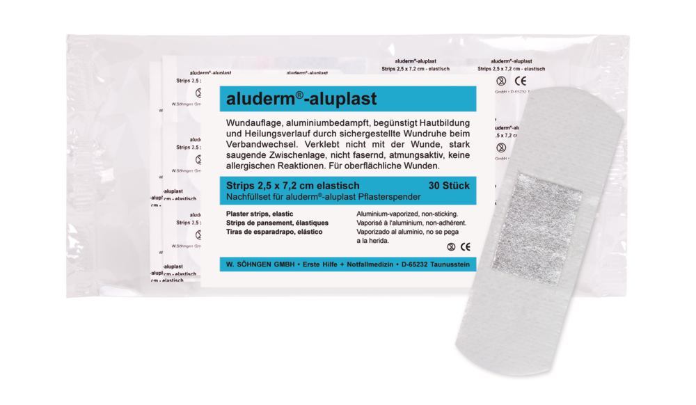 Sticky plaster disp. aluderm®-aluplast, refill pack 30 strips 7.2 x 2.5 cm - Luminix Health