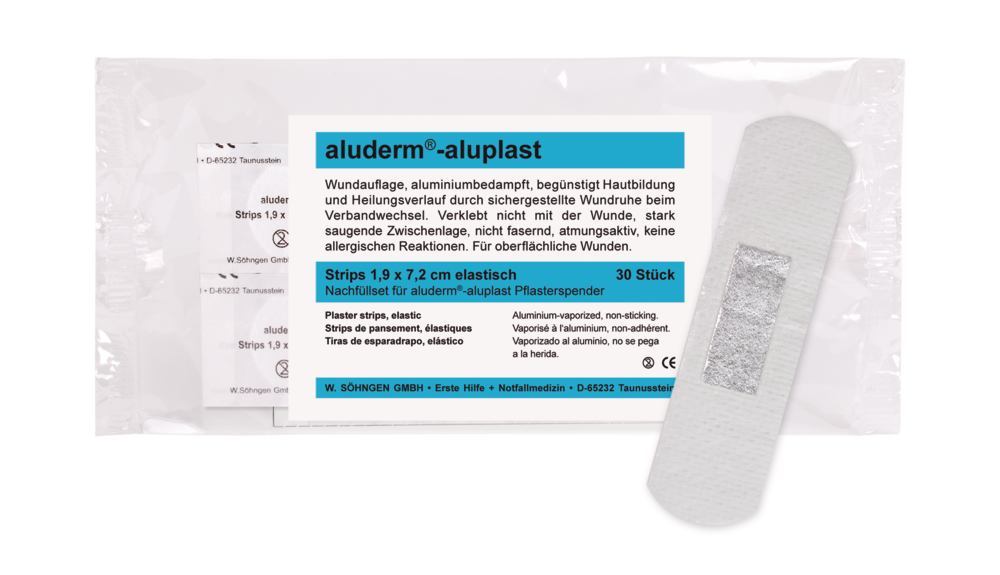 Sticky plaster disp. aluderm®-aluplast, refill pack 30 strips 7.2 x 1.9 cm - Luminix Health