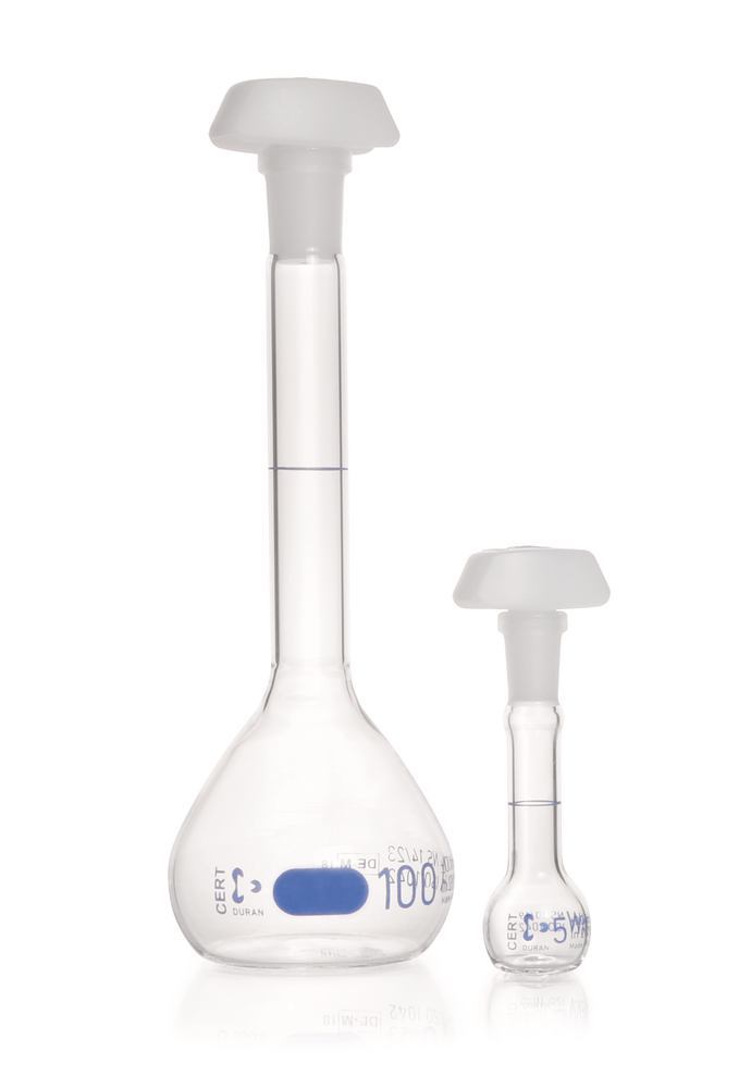DURAN®-volumetric flask, cl. A,, indiv. certific., 2 l, blue graduation - Luminix Health