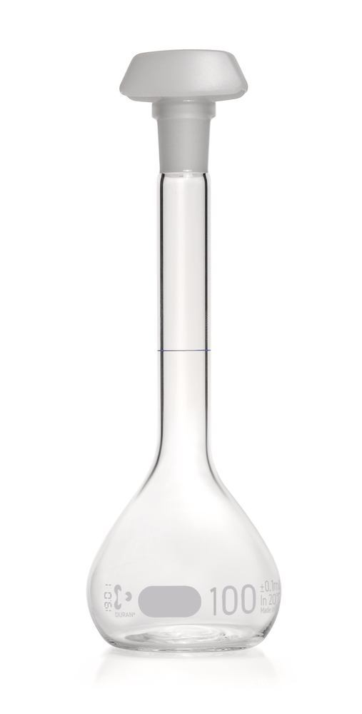 DURAN®-volum. flask, class A, batch certif., 100 ml, 14/23, blue grad. - Luminix Health