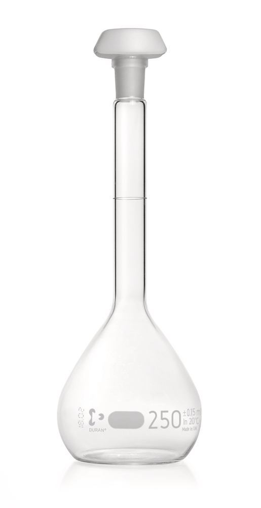 DURAN®-volum. flask, class A,, batch certif., 250 ml, blue graduation, 2 unit(s) - Luminix Health