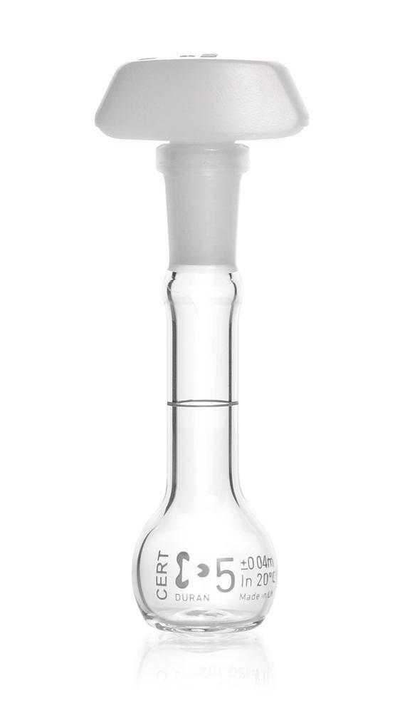 DURAN®-volumetric flask, cl. A,, indiv. certificate, 5ml, blue graduation - Luminix Health