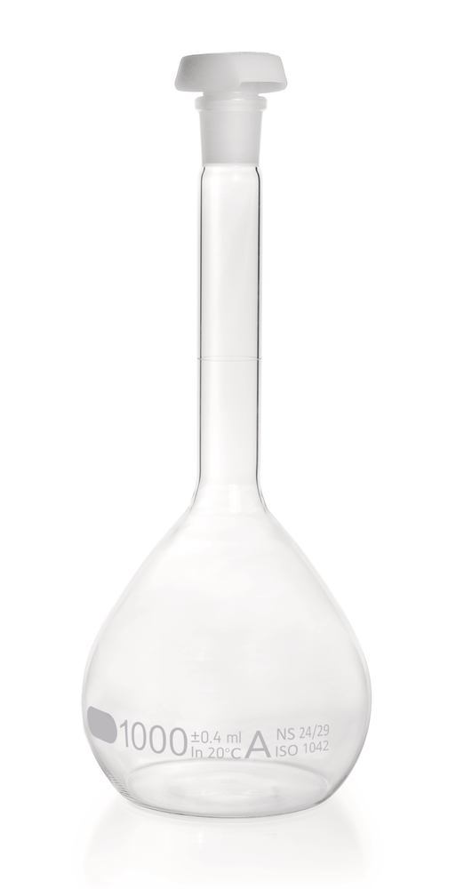 DURAN®-volumetric flask, cl. A,, indiv. cert., 1l, 24/29, blue graduation - Luminix Health