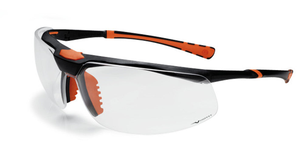 Safety glasses 5X3, black/orange,, clear, anti-scratch/anti-fog coated - Luminix Health