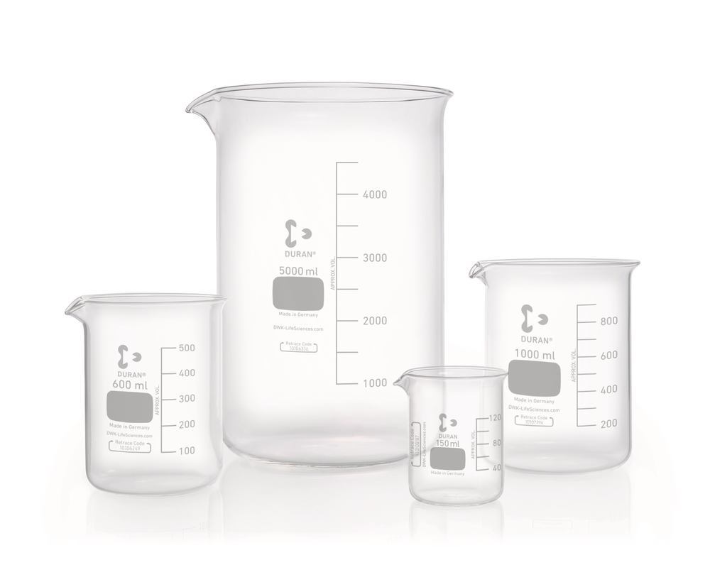 Glass beakers, low form, DURAN®, with graduation and spout, 50 ml, 10 unit(s) - Luminix Health