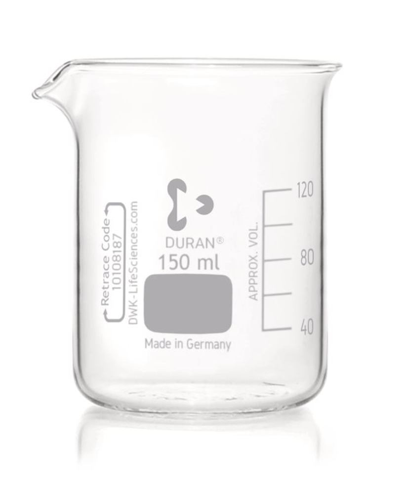 Glass beakers, low form, DURAN®, with graduation and spout, 150 ml, 10 unit(s) - Luminix Health