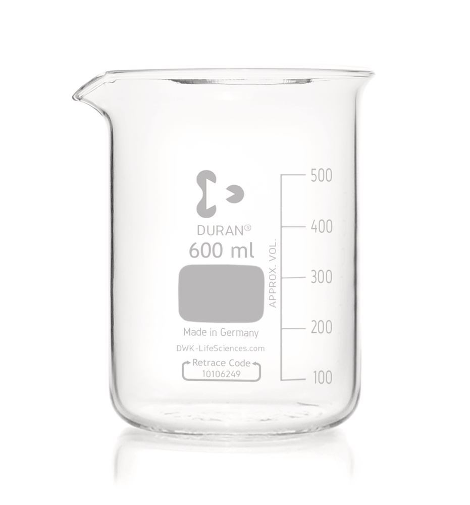 Glass beakers, low form, DURAN®, with graduation and spout, 600 ml, 10 unit(s) - Luminix Health