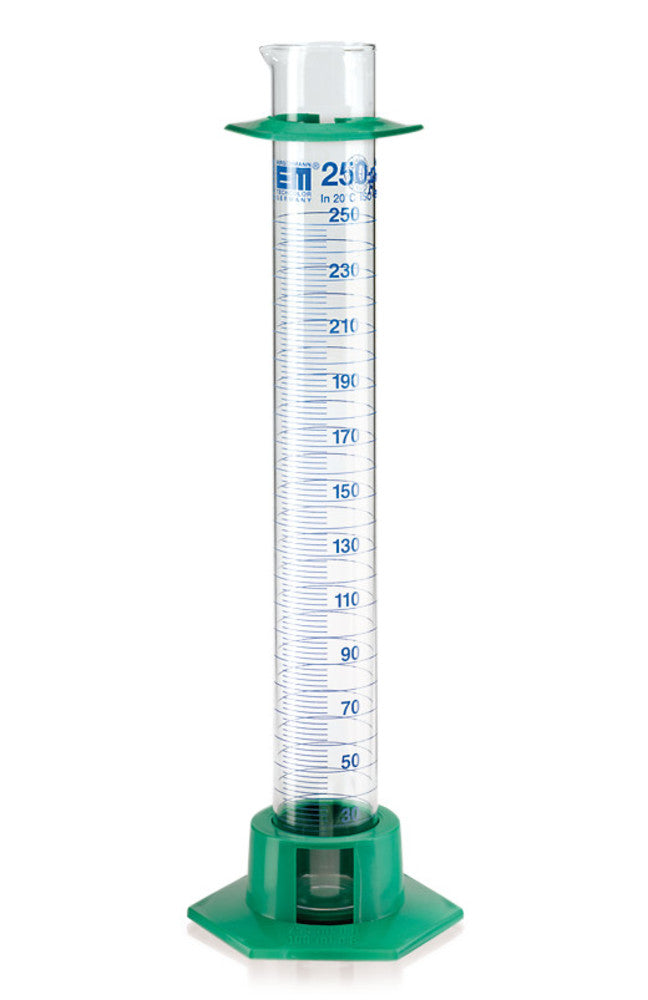 Cl. A measuring cylinders, blue markings, DURAN®, tall, foot of HDPE, 500 ml - Luminix Health