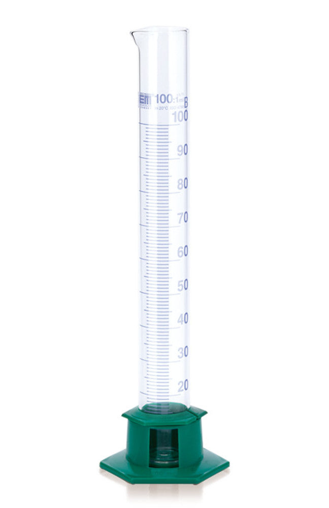 Cl. B measuring cylinders, blue markings, DURAN®, tall, foot of HDPE, 50 ml - Luminix Health
