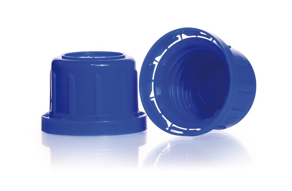 Tamper-evident screw cap closures, blue, 32 thread, tall, for EH bottles, PP - Luminix Health