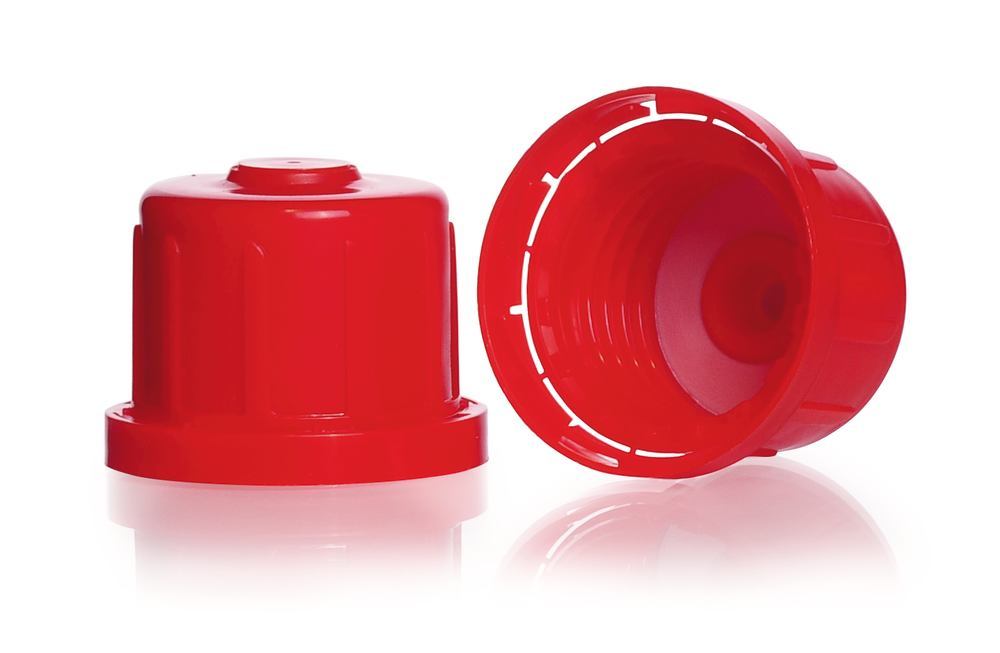 Safety screw cap closures, red, Gew. 32, hohe Form, für EH-Fl., PP, 10 unit(s) - Luminix Health