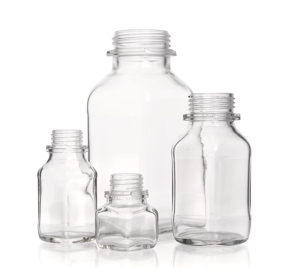 Square wide-mouth bottles, 500 ml, clear glass, thread 54, short form - Luminix Health