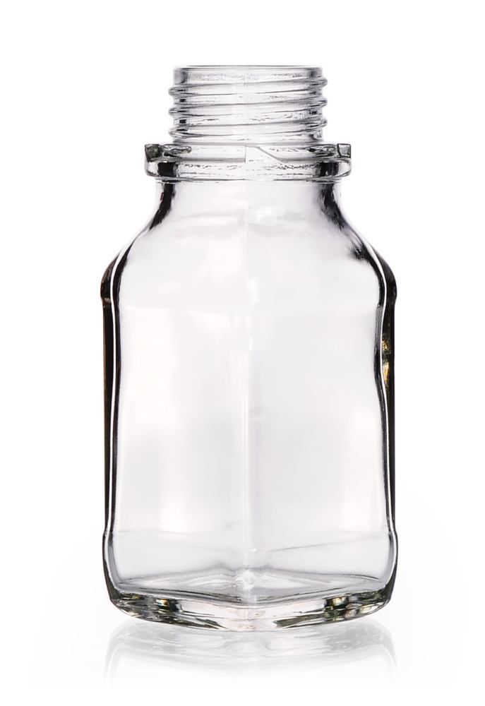 Square wide-mouth bottles, 100 ml, clear glass, thread 32, short form - Luminix Health
