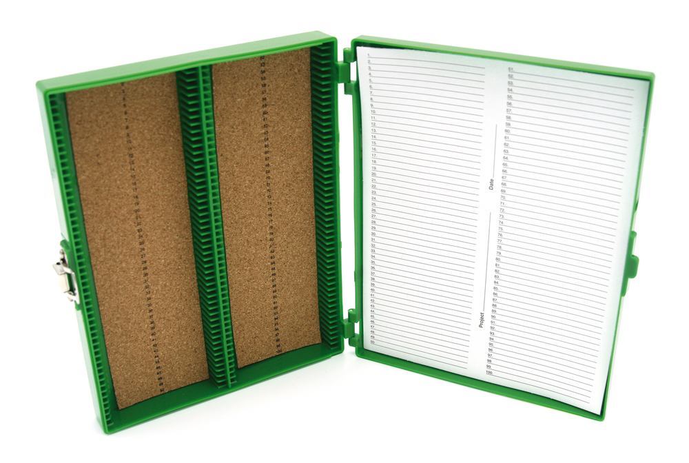 Rotilabo® microsc. slide box, PS, green, L 208 x W 175 x H 34 mm, 100 slides - Luminix Health