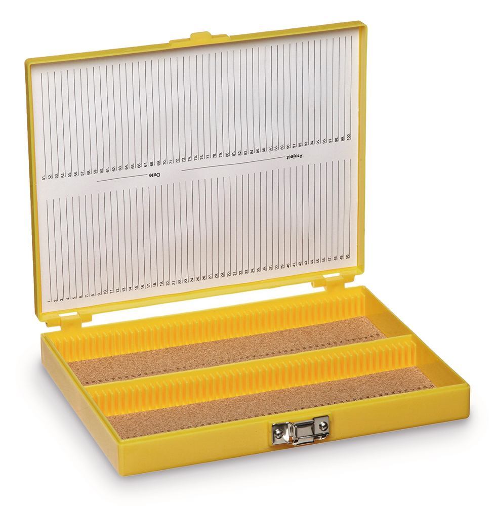 Rotilabo® microsc. slide box, PS, yellow, L 208 x W 175 x H 34 mm, 100 slides - Luminix Health