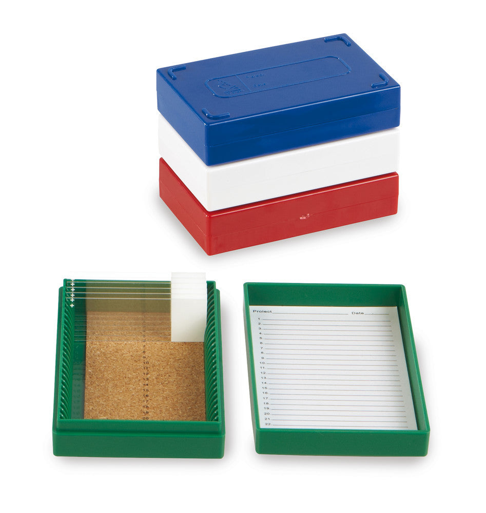 Rotilabo® microscope slide box, PS, red, L 141 x W 88 x H 35 mm, 25 slots - Luminix Health
