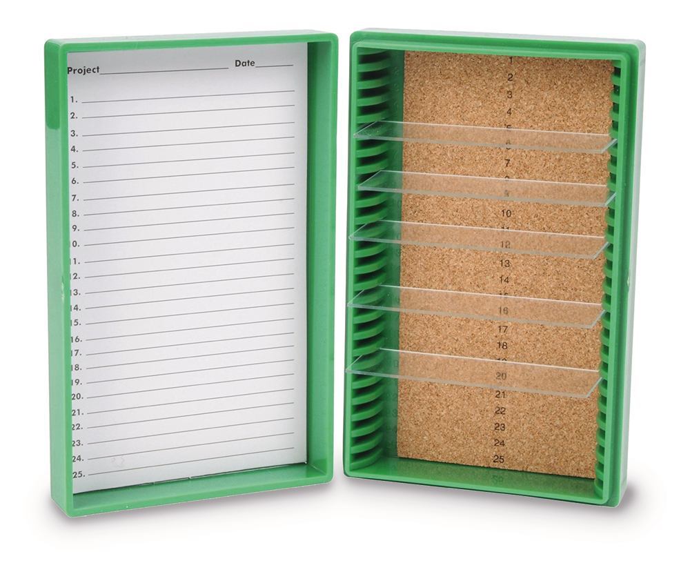 Rotilabo® microsc. slide box, PS, green, L 141 x W 88 x H 35 mm, 25 slots - Luminix Health