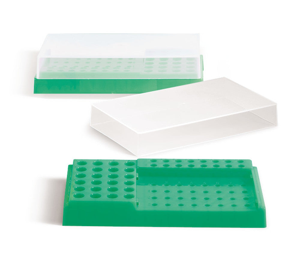 PCR-workstation, PP, neon green, w. lid, 32x0.2 ml, 24x1.5/2 ml, 16x0.5 ml - Luminix Health