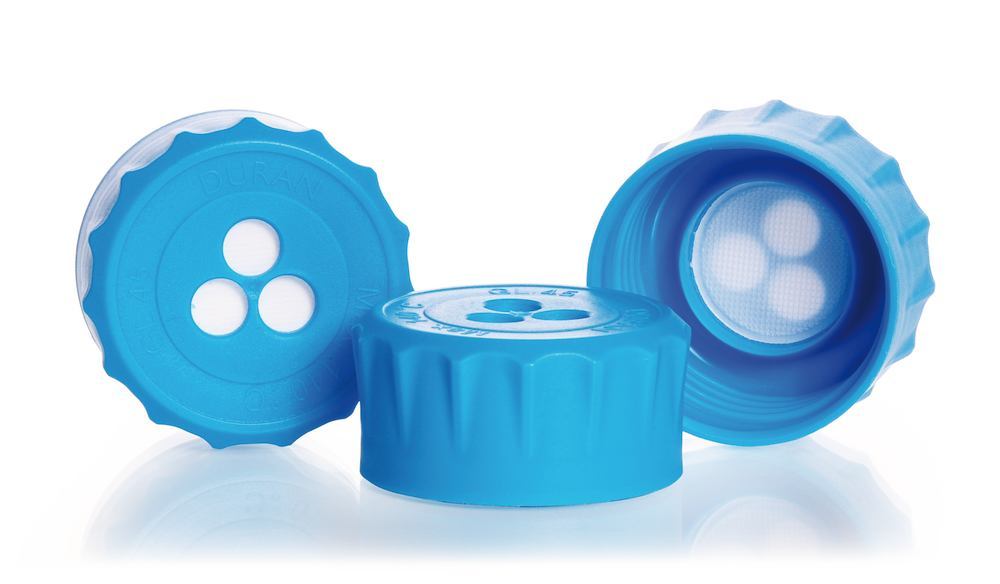 Ventilation screw caps GL 45, DURAN® with ePTFE membrane, cyan, 4 unit(s) - Luminix Health