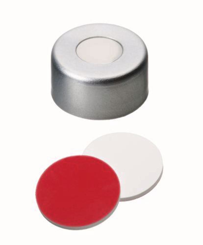 Flange caps with bore hole, Al, ND11, Septum Silic./PTFE Ultra Cl., 1.3 mm 45° - Luminix Health