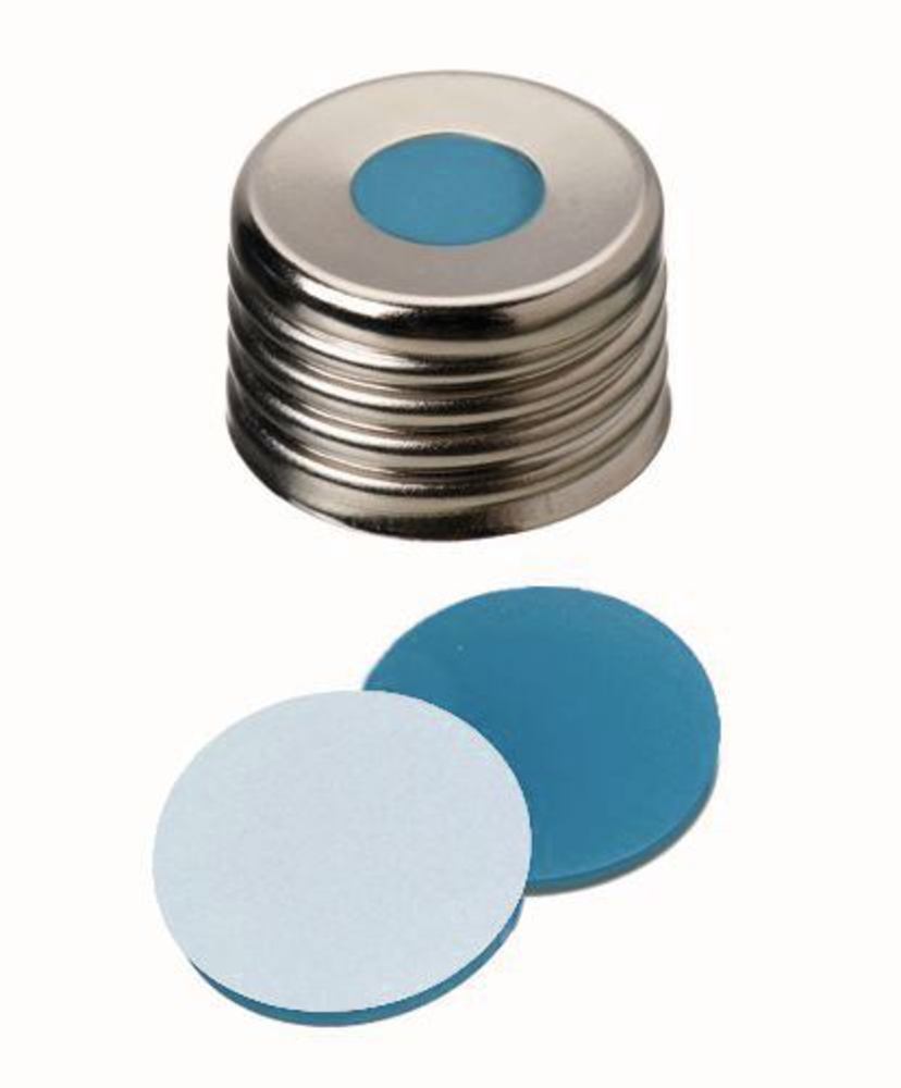 Magn. screw caps w.bore hole, steel,ND18, Septa Silic./PTFE UltraCl., 1.3 mm 45° - Luminix Health