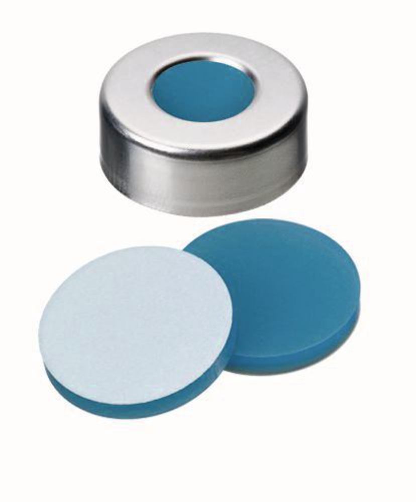 Crimp caps with bore hole, Al, ND20, Septum Silic./PTFE Ultra Cl., 3,0 mm 45° - Luminix Health