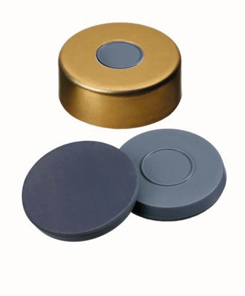 Magn. crimp caps w. bore hole, Al, ND20, Sept. Butyl/PTFE, 3,0mm 50°, hole-Ø 8mm - Luminix Health