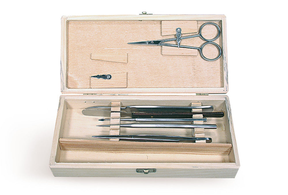 Dissecting set for microscopy, small, in wooden box, L 195 x W 85 x H 32 mm - Luminix Health