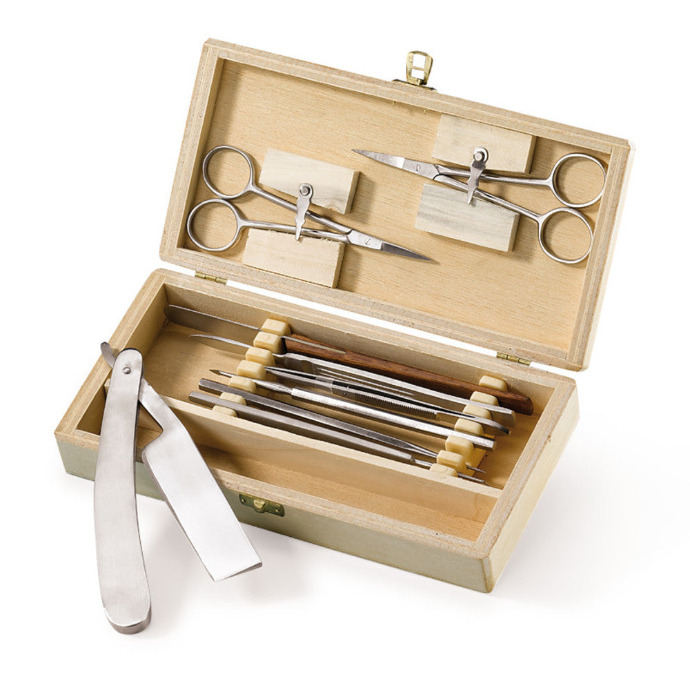 Dissecting set for microscopy, large, in wooden box, L 195 x W 95 x H 35 mm - Luminix Health