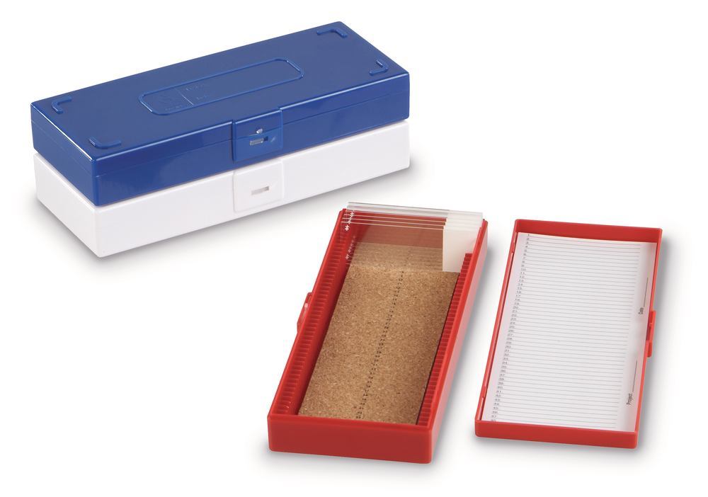 Rotilabo® microscope slide box, ABS, red, L 209 x W 86 x H 35 mm, 50 slots - Luminix Health