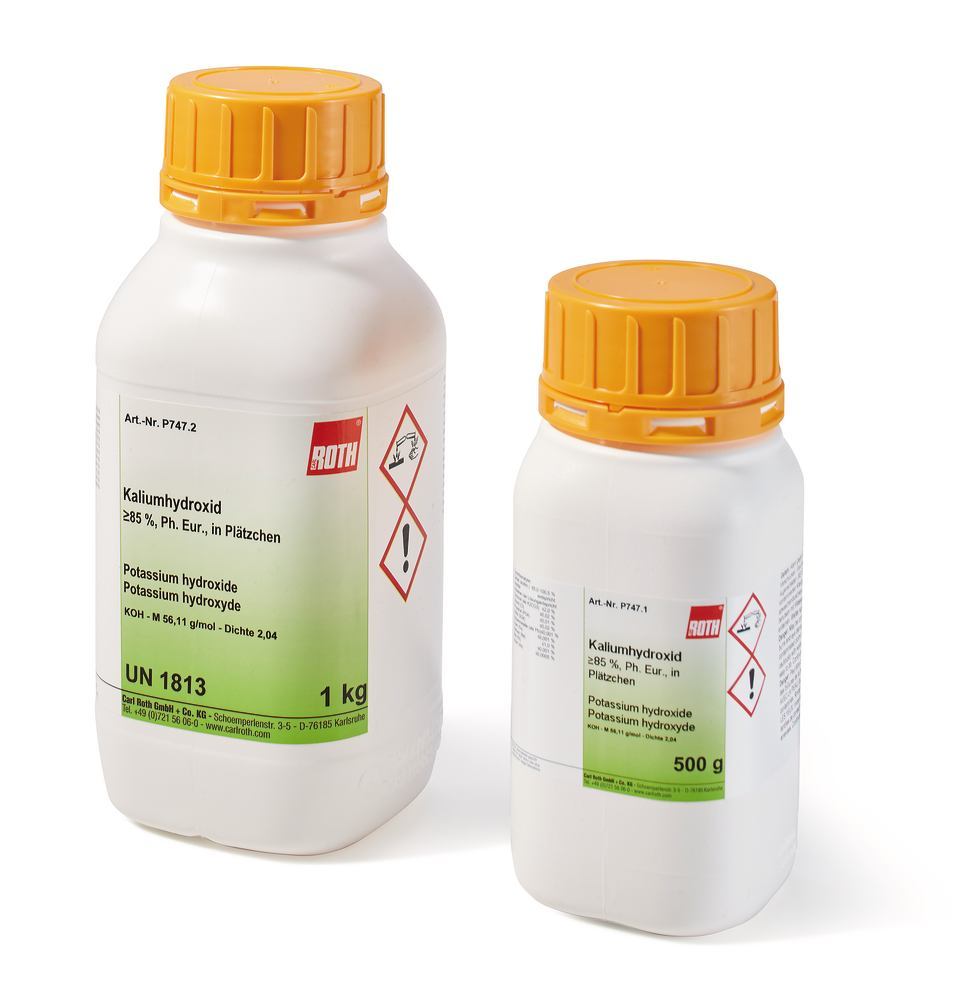 Potassium hydroxide, min. 85 %, Ph.Eur., pellets, 500 g, plastic - Luminix Health