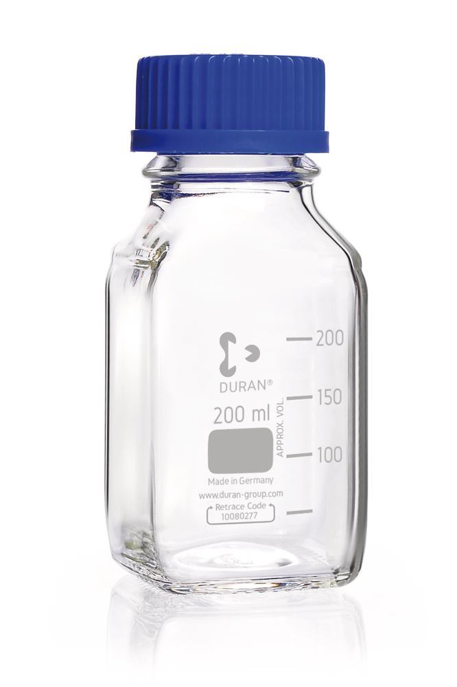 Square bottles, DURAN®, transparent, w. pouring spout ring and cap, PP, 250ml - Luminix Health
