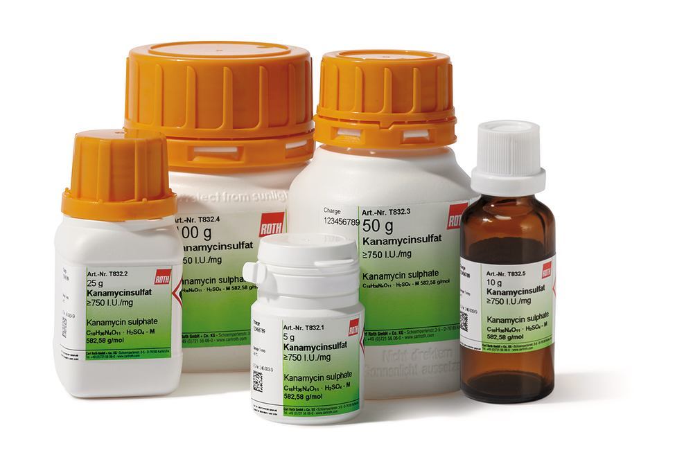 Kanamycin sulphate, min. 750 I.U. /mg, 5 g, plastic - Luminix Health