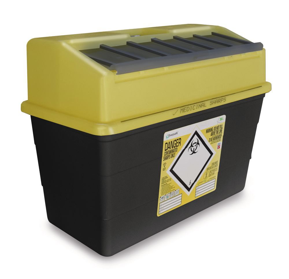 Sharpsafe®-waste disposal bins, PP, 30 l, L 450 x W 230 x H 415 mm, 1 unit(s) - Luminix Health