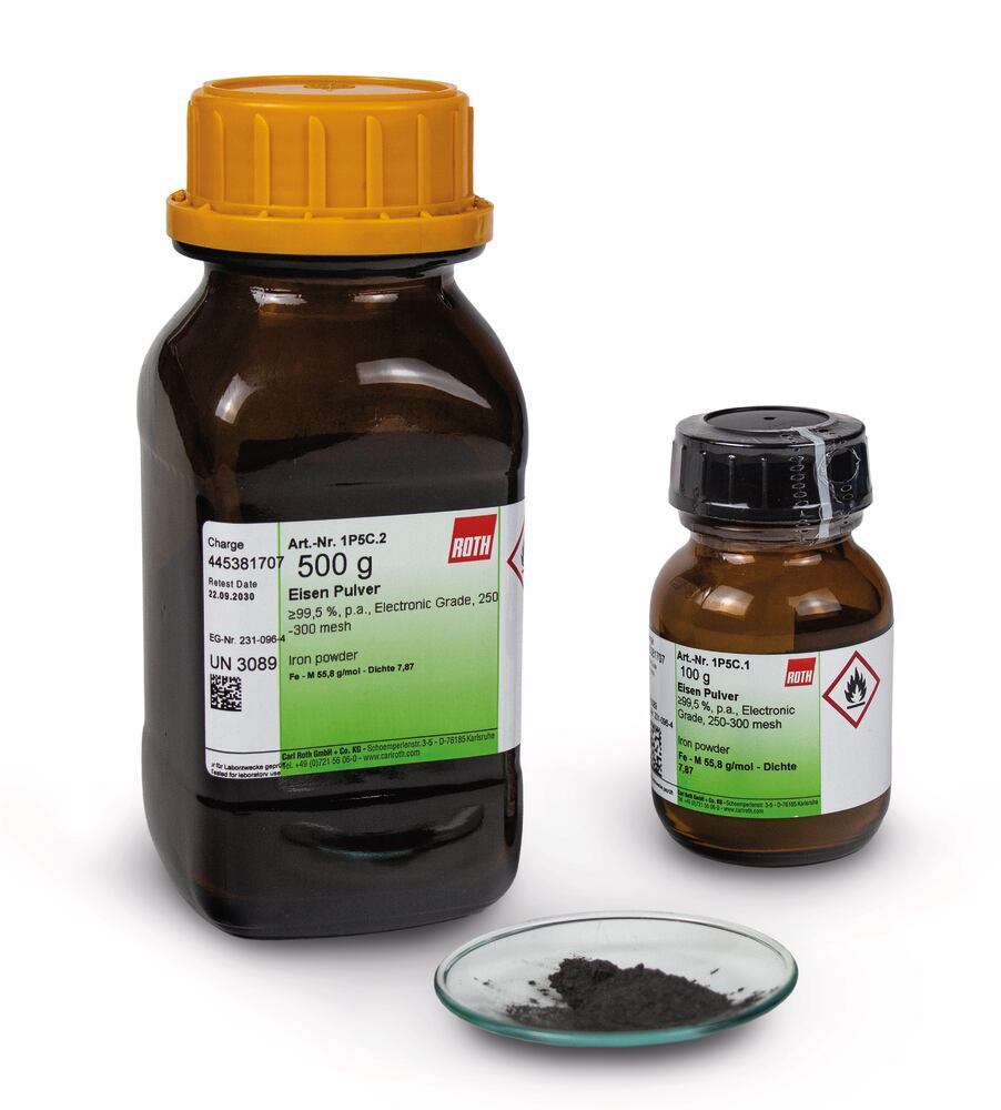 Iron powder min. 99.5 %, p.a., qualité électrolytique, 250–300 mesh 100 g, Carl Roth, art. 1P5C.1