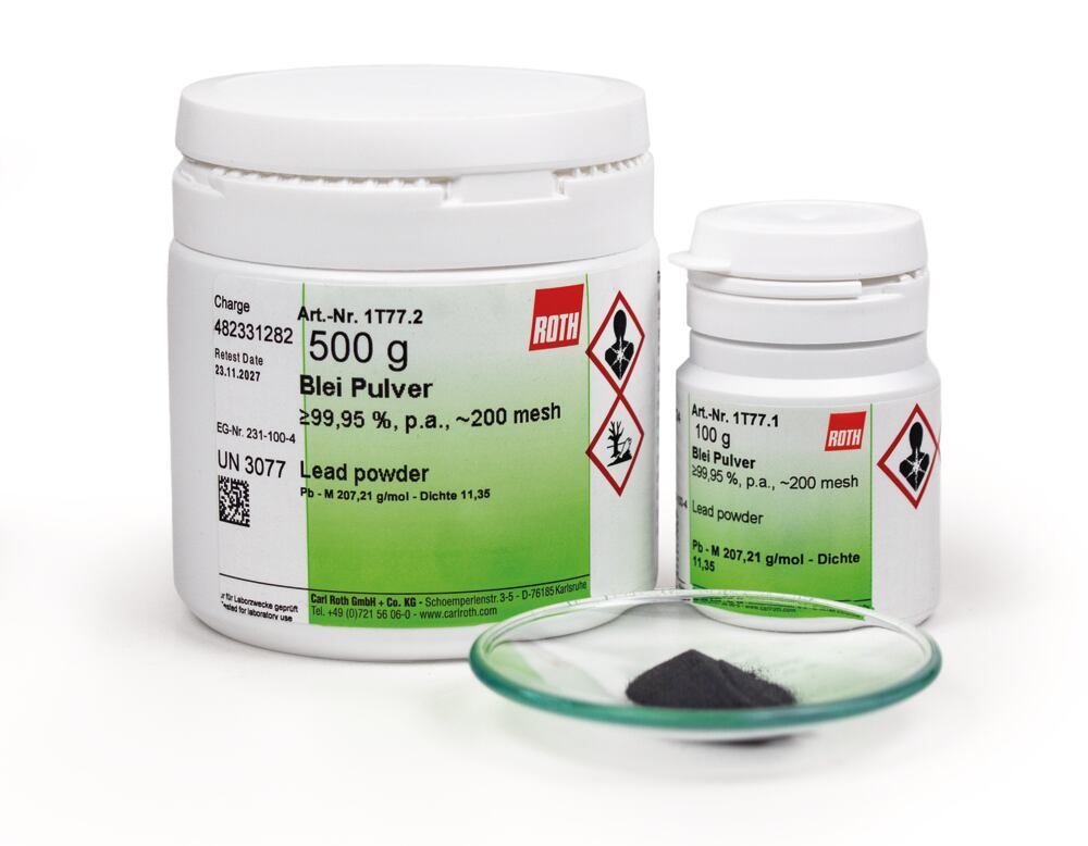 Loodpoeder min. 99.95 %, p.A., ca. 300 mesh 100 g, Carl Roth, art. 1T77.1