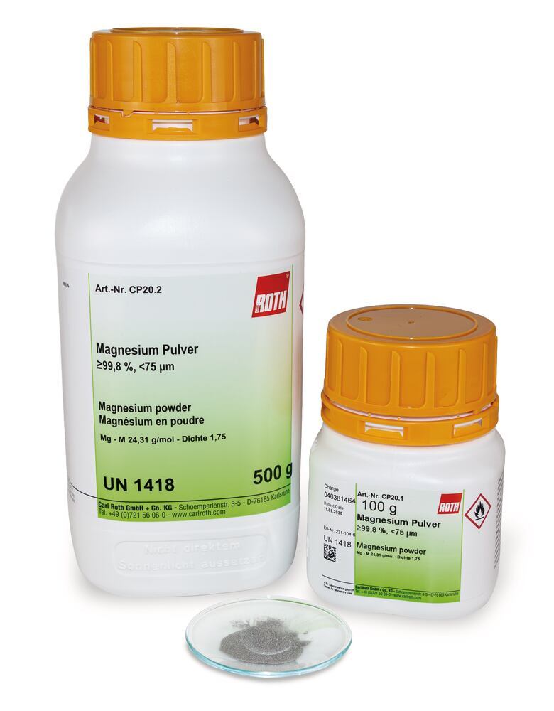 Magnesiumpoeder, min. 99,8 %, min. 75 µm, 100 g, Carl Roth, art. CP20.1