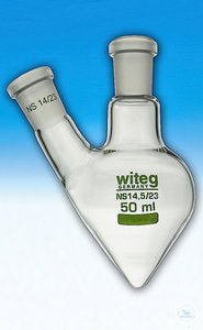 Flasks, pear shaped, side neck angled,