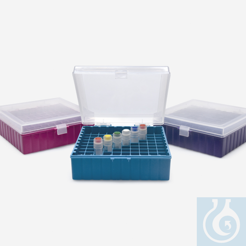 tube box - P.P - 100 well - hinged lid - blue