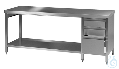 Laboratory worktable (3) 18/10 steel, 2500x750x750mm