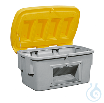 Grit container with dispensing hatch PE yellow V=700 L, 1400x1070x930