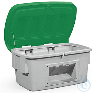 Grit container with dispensing hatch PE green V=200 L, 975x705x665