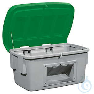 Grit container with dispensing hatch PE green V=700 L, 1400x1070x930