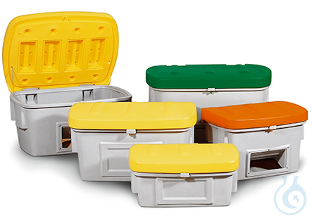 Grit container with dispensing hatch PE green V=400 L, 1210x785x780