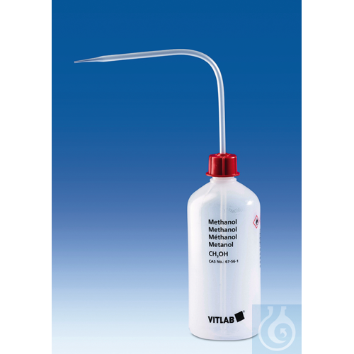 VITsafe safety-wash-bottle, PE-LD, 500 ml, Methanol, wide-mouth, with VENT-CAP,