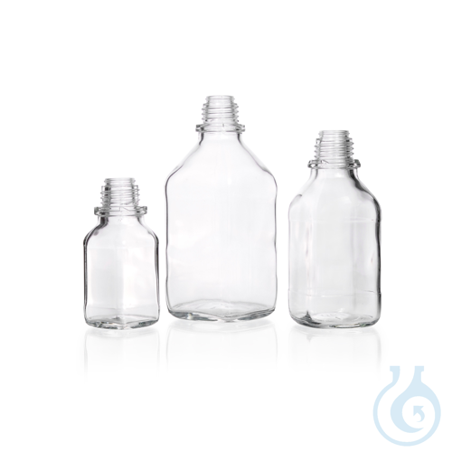 Screw-Top Square Bottle, soda-lime, clear, narrow mouth, high form, DIN thread