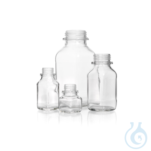 Screw-Top Square Bottle, soda-lime, wide mouth, short form, with DIN thread